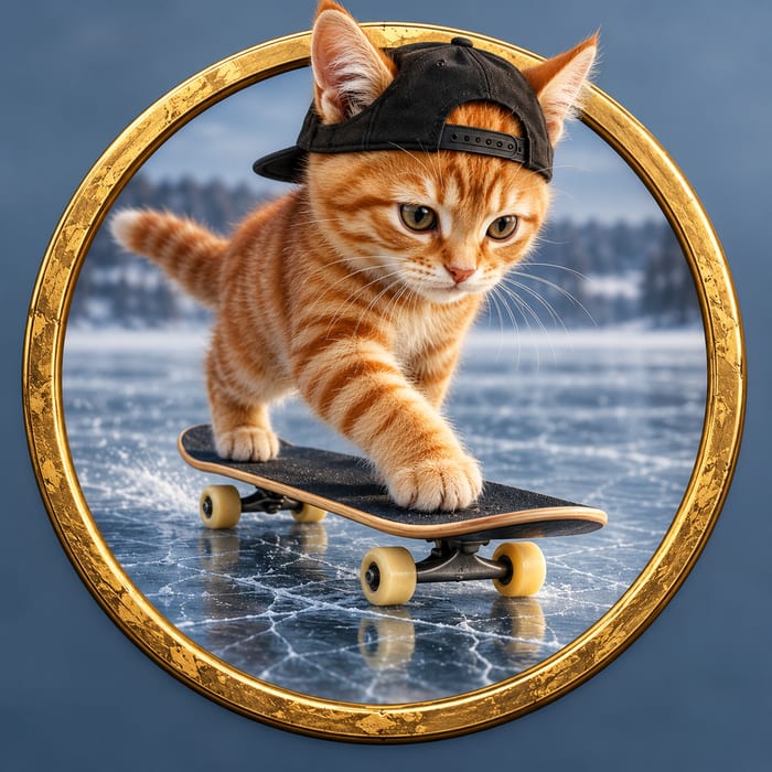 catonthinice logo featuring the ginger tabby kitten in a backward black cap.