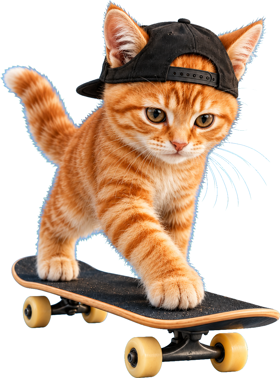 A realistic ginger tabby kitten with darker orange stripes and a backward black cap rides a black skateboard with tan edges and pale yellow wheels on finely cracked pond ice, against a softly blurred blue-gray backdrop.
