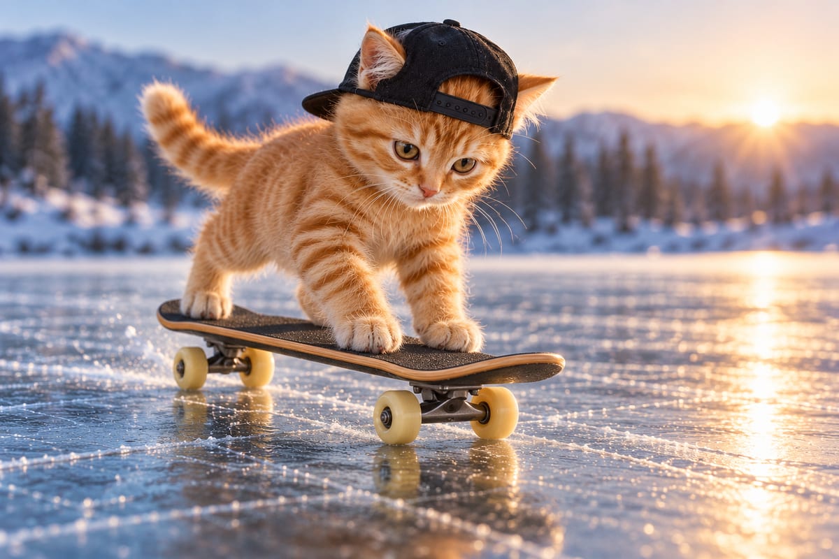 catonthinice focuses on his next kickflip, riding his black skateboard across a frozen pond in his backward black cap.